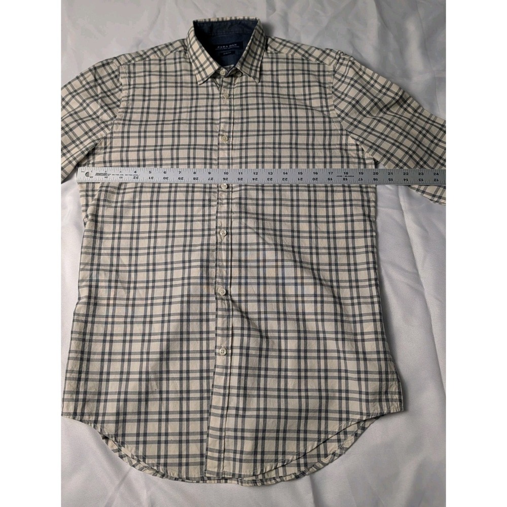 Zara Man Men's Medium Cream‎ and Navy Plaid Button Up Long Sleeve Shirt - Picture 3 of 10